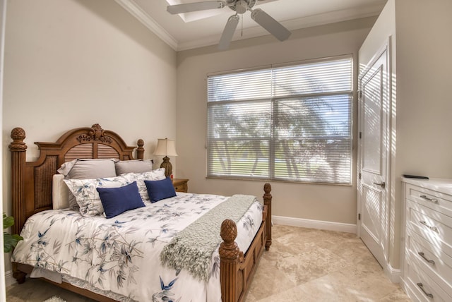 bedroom with multiple windows, ceiling fan, and crown molding