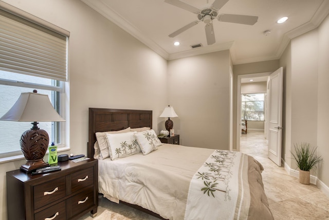 bedroom featuring ceiling fan and crown molding