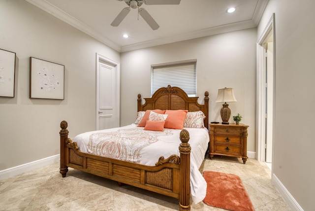 bedroom with ceiling fan and crown molding