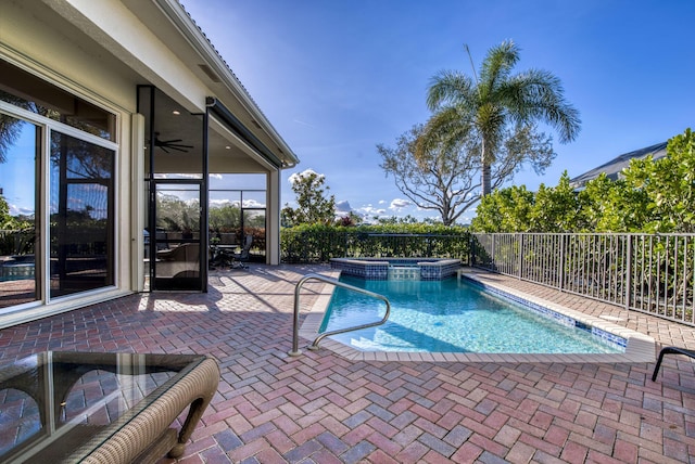 7541 Monte Verde Ln, West Palm Beach, FL 33412 - view of swimming pool with a patio area, a pool with connected hot tub, fence, and a ceiling fan
