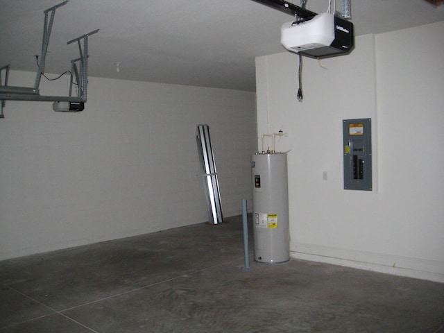 garage featuring electric panel, electric water heater, and a garage door opener