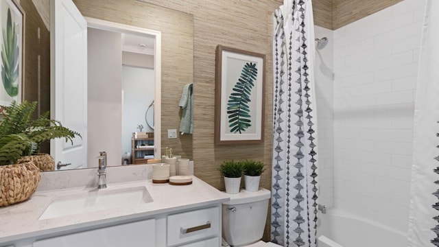 full bathroom with vanity, shower / bath combination with curtain, and toilet