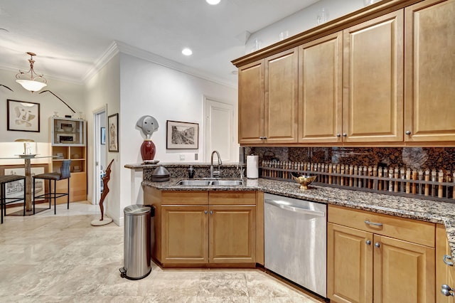 kitchen featuring sink, stainless steel dishwasher, decorative backsplash, dark stone countertops, and ornamental molding