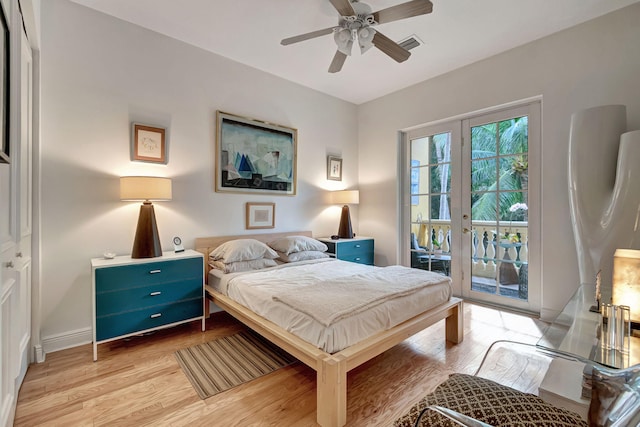 bedroom with access to exterior, ceiling fan, french doors, a closet, and light wood-type flooring