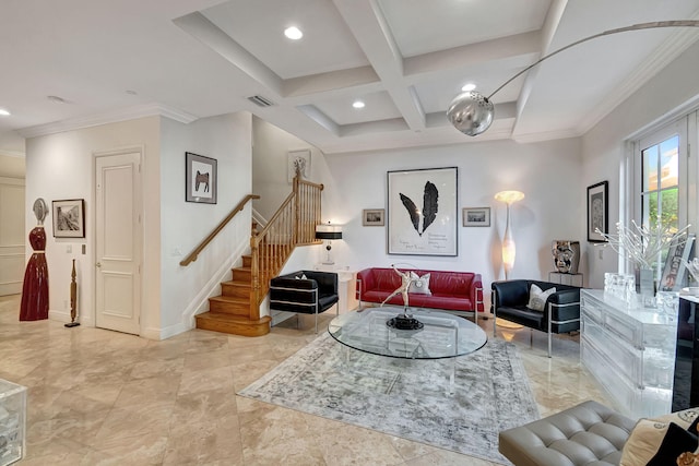 living room featuring beam ceiling, ornamental molding, and coffered ceiling