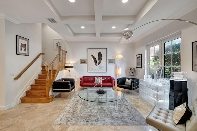 living room featuring beam ceiling, coffered ceiling, and ornamental molding