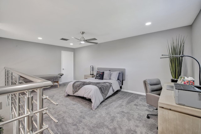 carpeted bedroom with ceiling fan