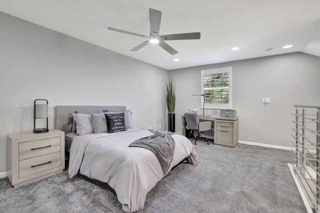 bedroom featuring ceiling fan, carpet, and vaulted ceiling