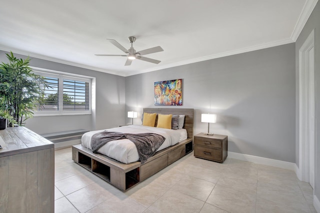 bedroom with ceiling fan, crown molding, and light tile patterned flooring