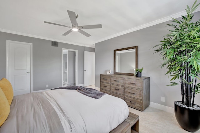 bedroom with ensuite bathroom, ceiling fan, and ornamental molding