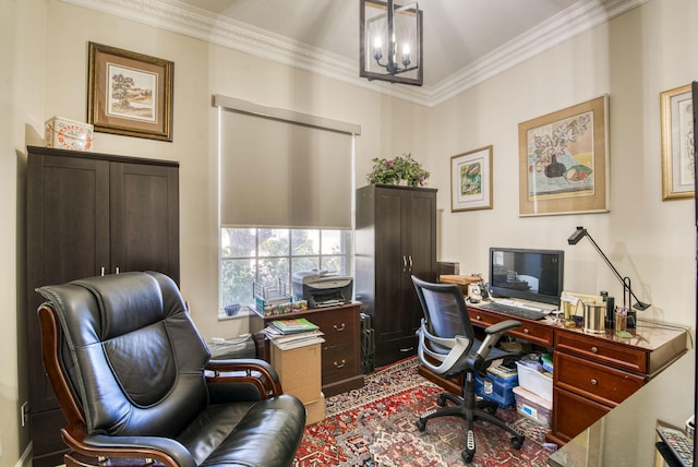 office area featuring a notable chandelier and crown molding