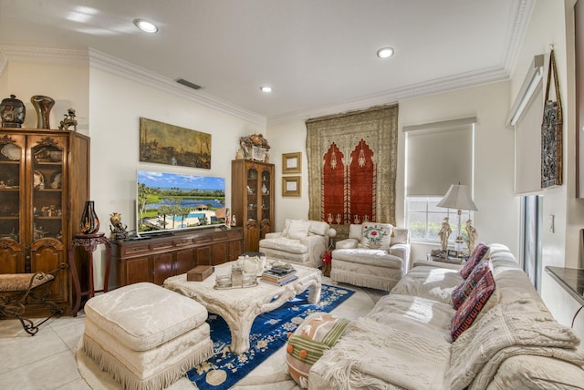 living room with light tile patterned floors and crown molding