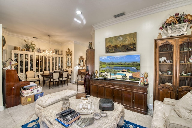 living room featuring light tile patterned floors, an inviting chandelier, and crown molding