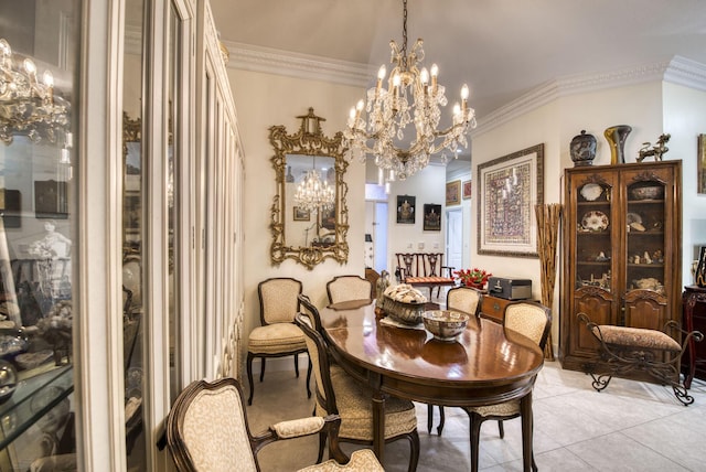 dining space with an inviting chandelier, light tile patterned flooring, and ornamental molding