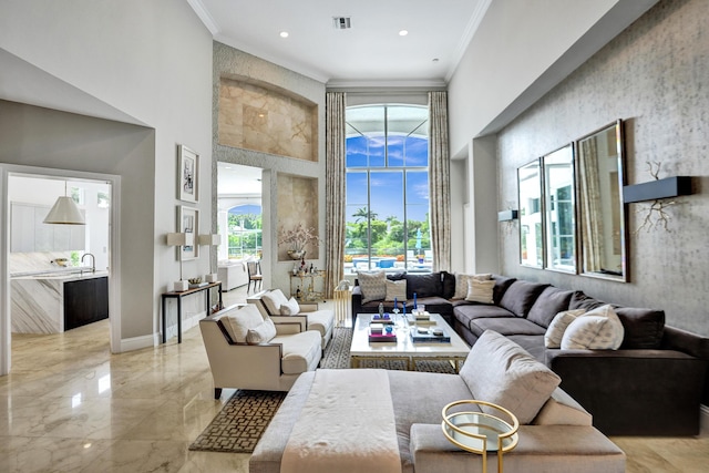 living room with crown molding