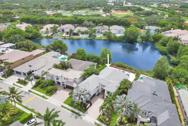 bird's eye view with a water view