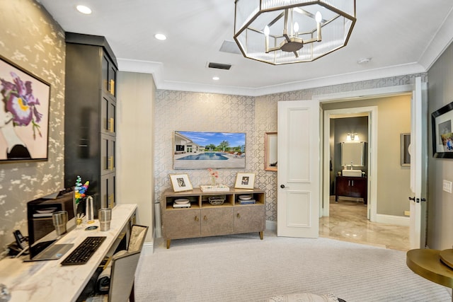 interior space featuring crown molding and a notable chandelier