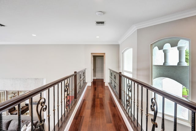 corridor featuring plenty of natural light, dark hardwood / wood-style floors, and ornamental molding