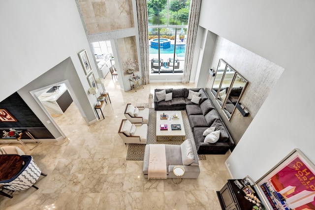 living room with a high ceiling