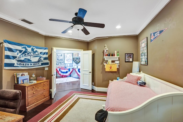 office space with crown molding, ceiling fan, and dark hardwood / wood-style floors