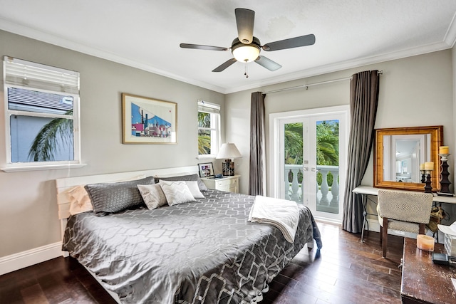 bedroom featuring ceiling fan, access to exterior, ornamental molding, and dark wood-type flooring