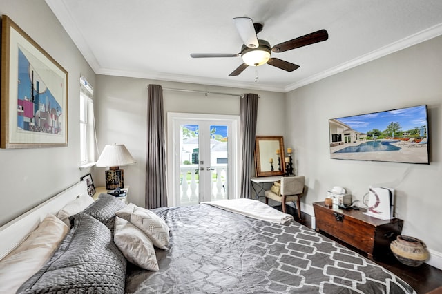 bedroom featuring multiple windows, access to outside, ceiling fan, and crown molding