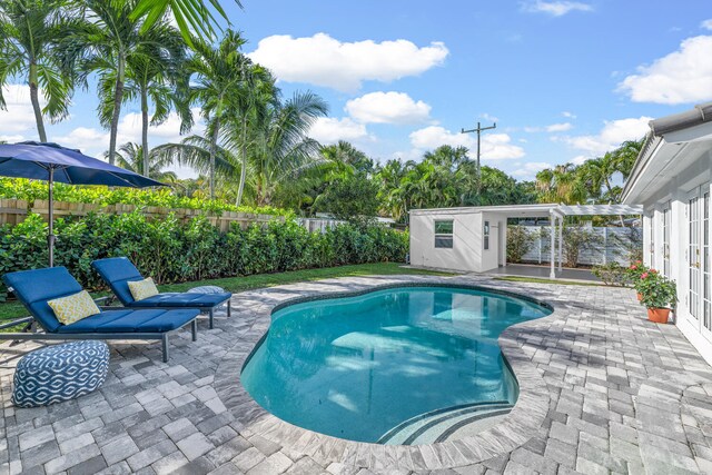 view of swimming pool featuring a patio area