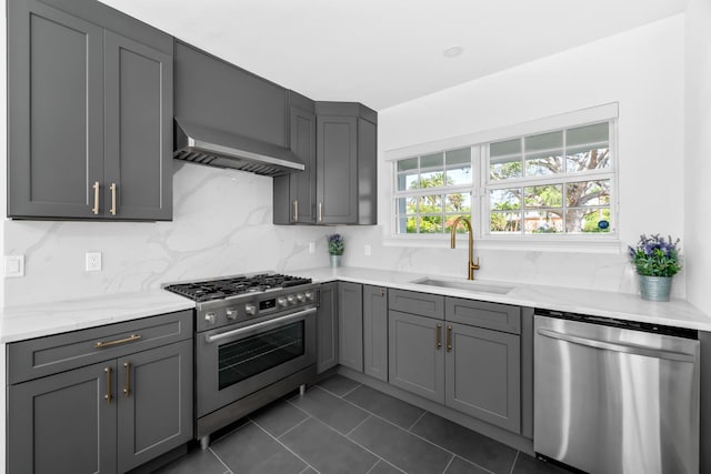 kitchen featuring gray cabinetry, stainless steel appliances, wall chimney range hood, and sink