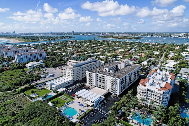 bird's eye view with a water view