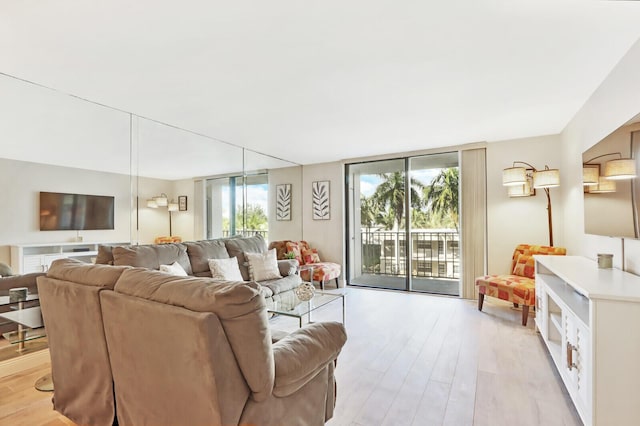 living room with light hardwood / wood-style flooring and expansive windows