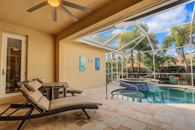 view of swimming pool with an in ground hot tub, a patio area, glass enclosure, and central air condition unit