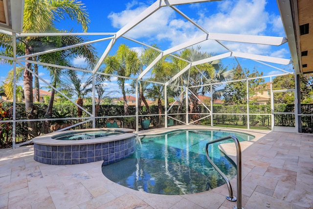 view of swimming pool featuring a lanai, a patio area, ceiling fan, and an in ground hot tub