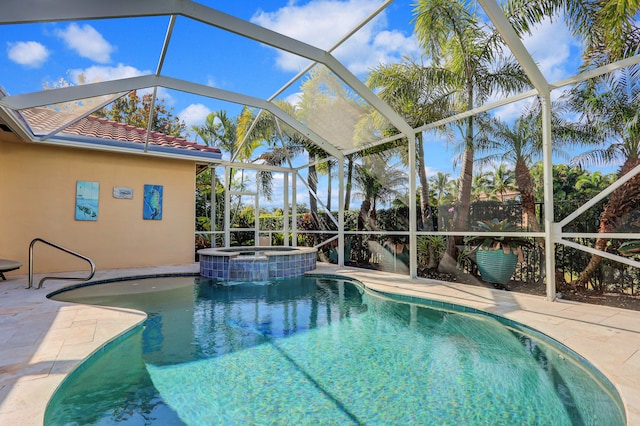 view of swimming pool featuring a patio, glass enclosure, and a lawn