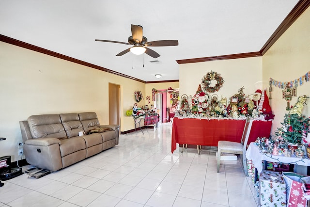 tiled living room with ceiling fan and ornamental molding