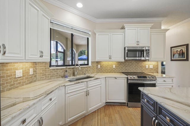 kitchen featuring white cabinets, sink, light stone countertops, and stainless steel appliances