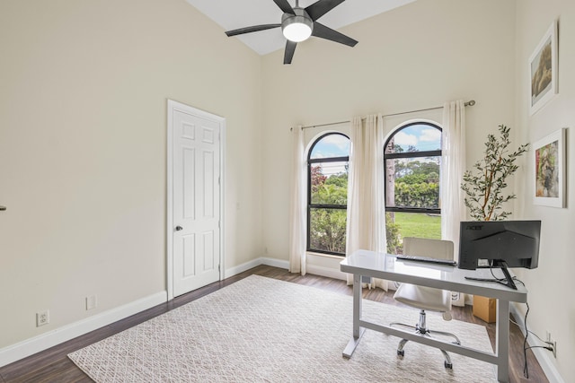 office area featuring dark hardwood / wood-style floors, high vaulted ceiling, and ceiling fan