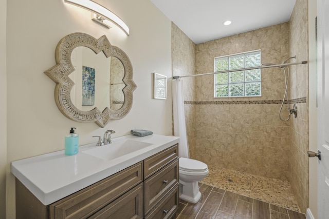 bathroom with vanity, curtained shower, and toilet