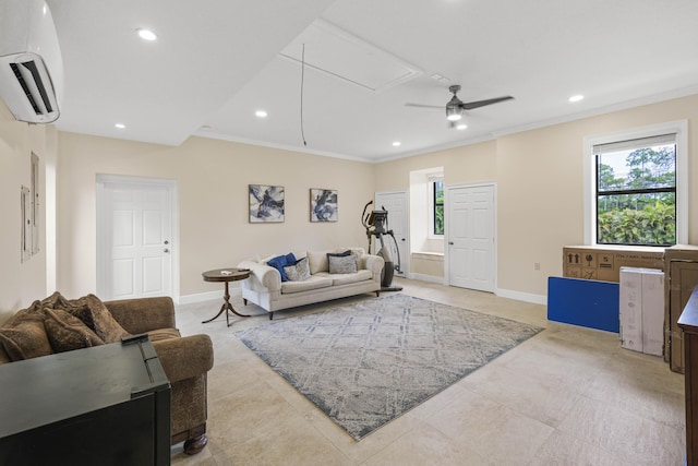 living room with an AC wall unit, ceiling fan, and ornamental molding