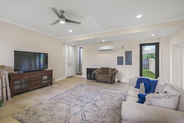 living room featuring ceiling fan, a wall unit AC, ornamental molding, and electric panel