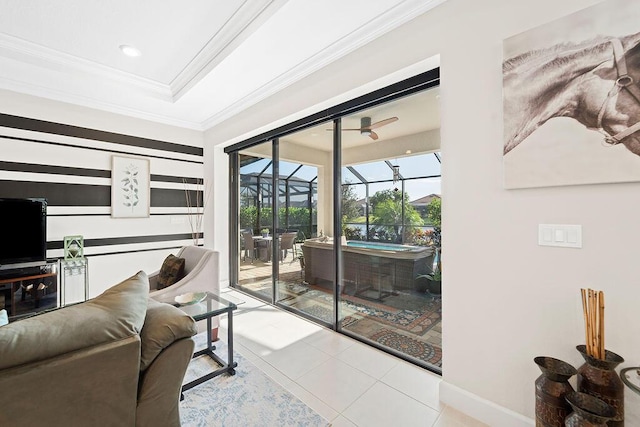 tiled living room with crown molding