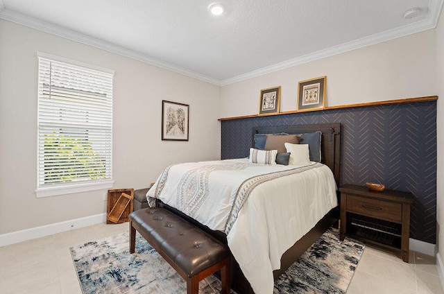 bedroom featuring ornamental molding and light tile patterned floors