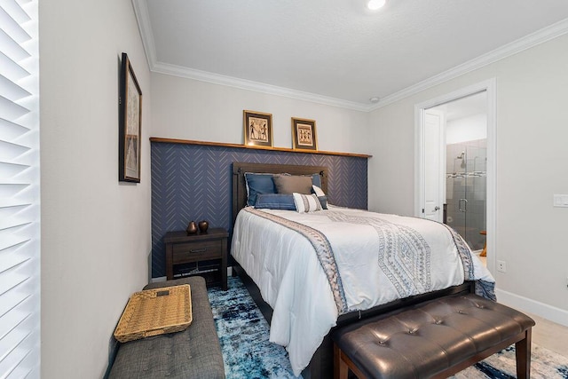 bedroom with crown molding and connected bathroom