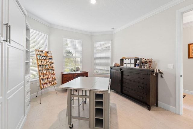 tiled home office with plenty of natural light and crown molding