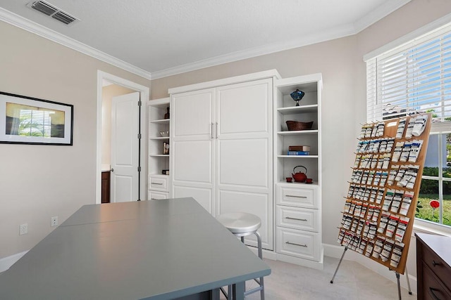 tiled home office with crown molding