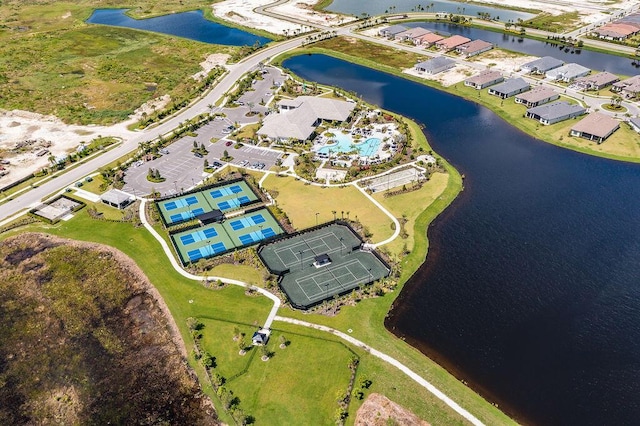 drone / aerial view featuring a water view