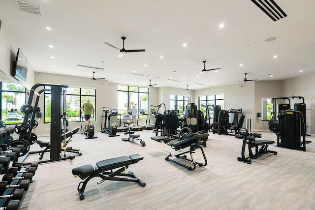 workout area featuring ceiling fan and light carpet