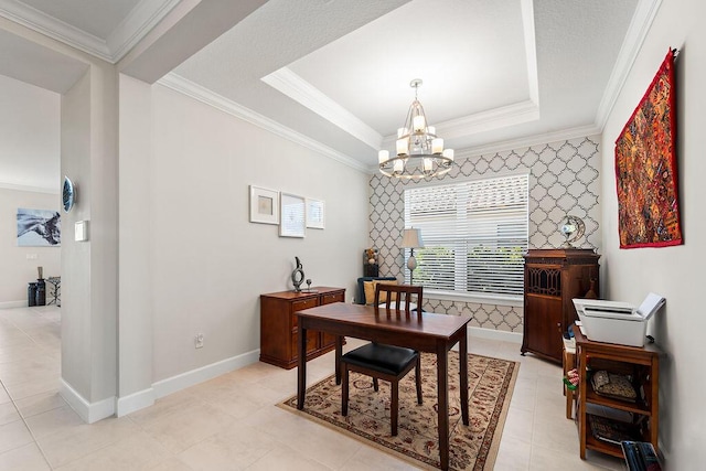 office area featuring a raised ceiling, light tile patterned floors, an inviting chandelier, and ornamental molding