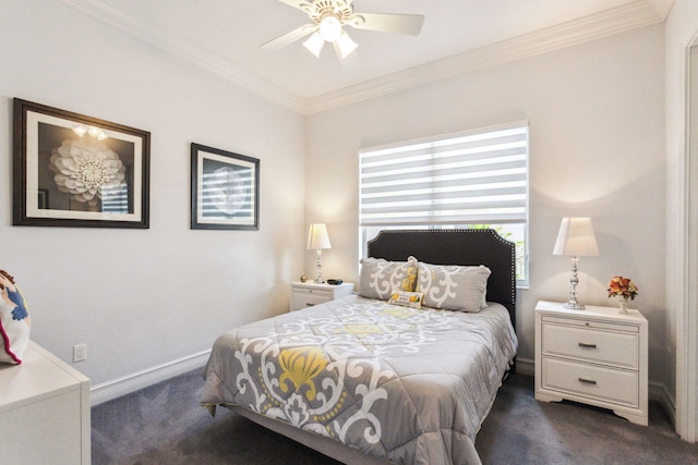 bedroom with ceiling fan, dark carpet, and ornamental molding