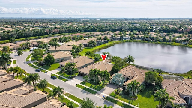 drone / aerial view featuring a water view