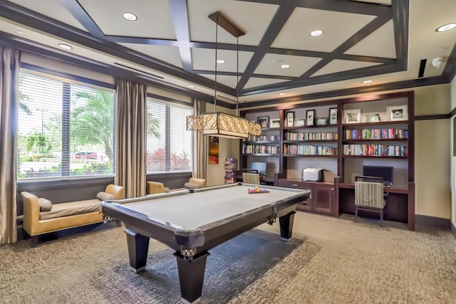 rec room with carpet flooring, coffered ceiling, crown molding, billiards, and beamed ceiling